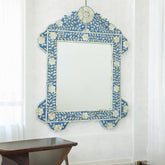 Mother Of Pearl Inlay Floral Design Circle Mirror Frame Blue
